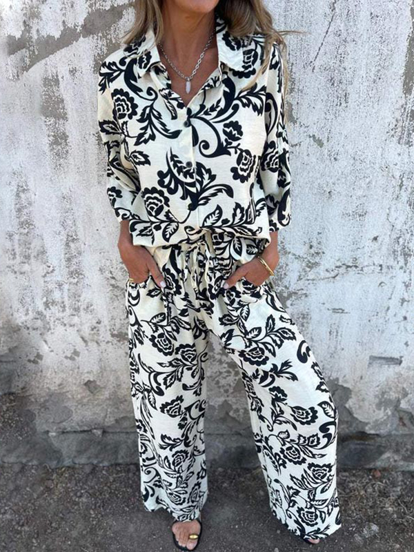 Women's Fashion Two Piece Printed Lapel Button-Down Shirt and Wide-Leg Pants Set