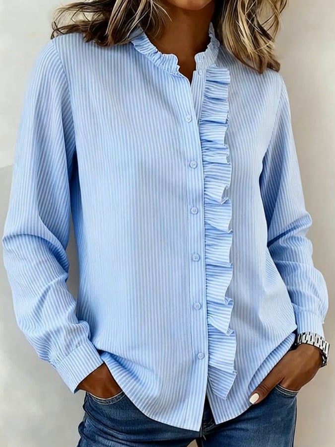 Women'S Casual Striped Ruffled Shirt