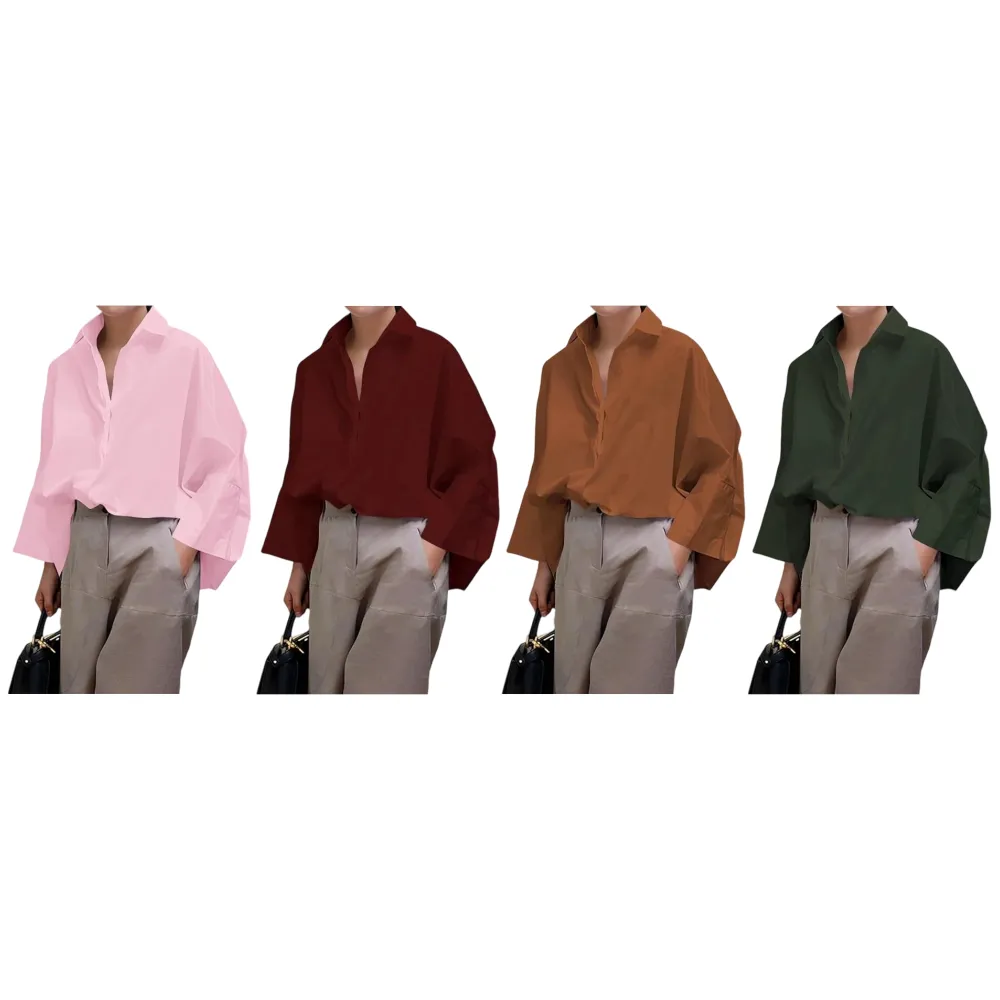 Womens Cotton Button Down Shirt Casual 3/4 Sleeve Loose Fit