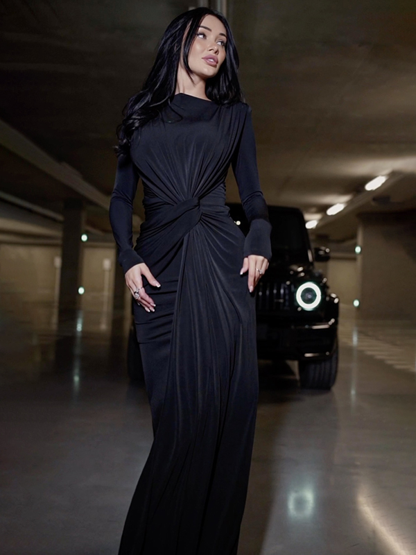 Solid Color Long Sleeves Mermaid Round-neck Maxi Dresses Evening Dresses