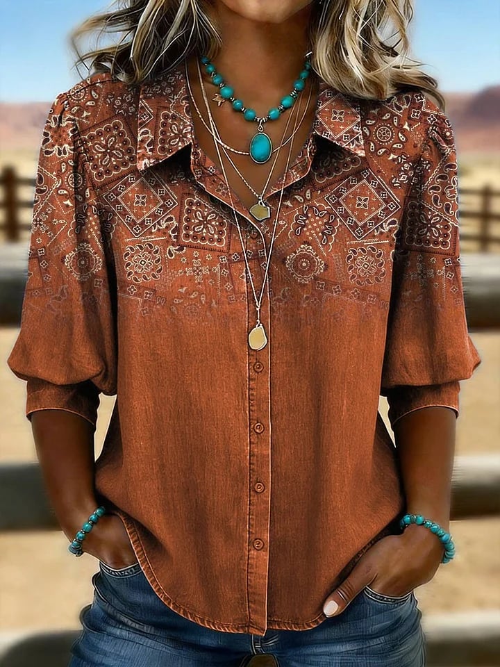 Retro Print Casual Puff Sleeve Shirt