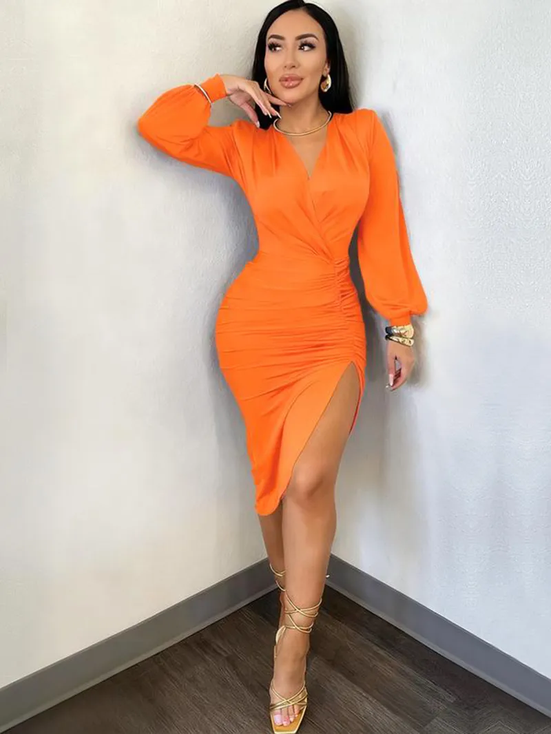 Women's Plain Ruched Wrap Split Thigh Bodycon Dress