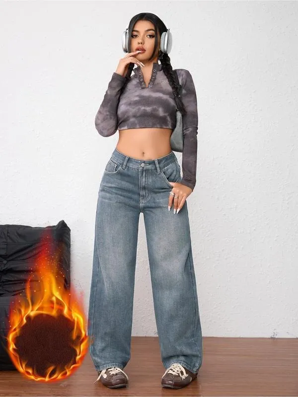 Women's Vintage Fleece-Lined Thickened Fall Winter Wide Leg Jeans