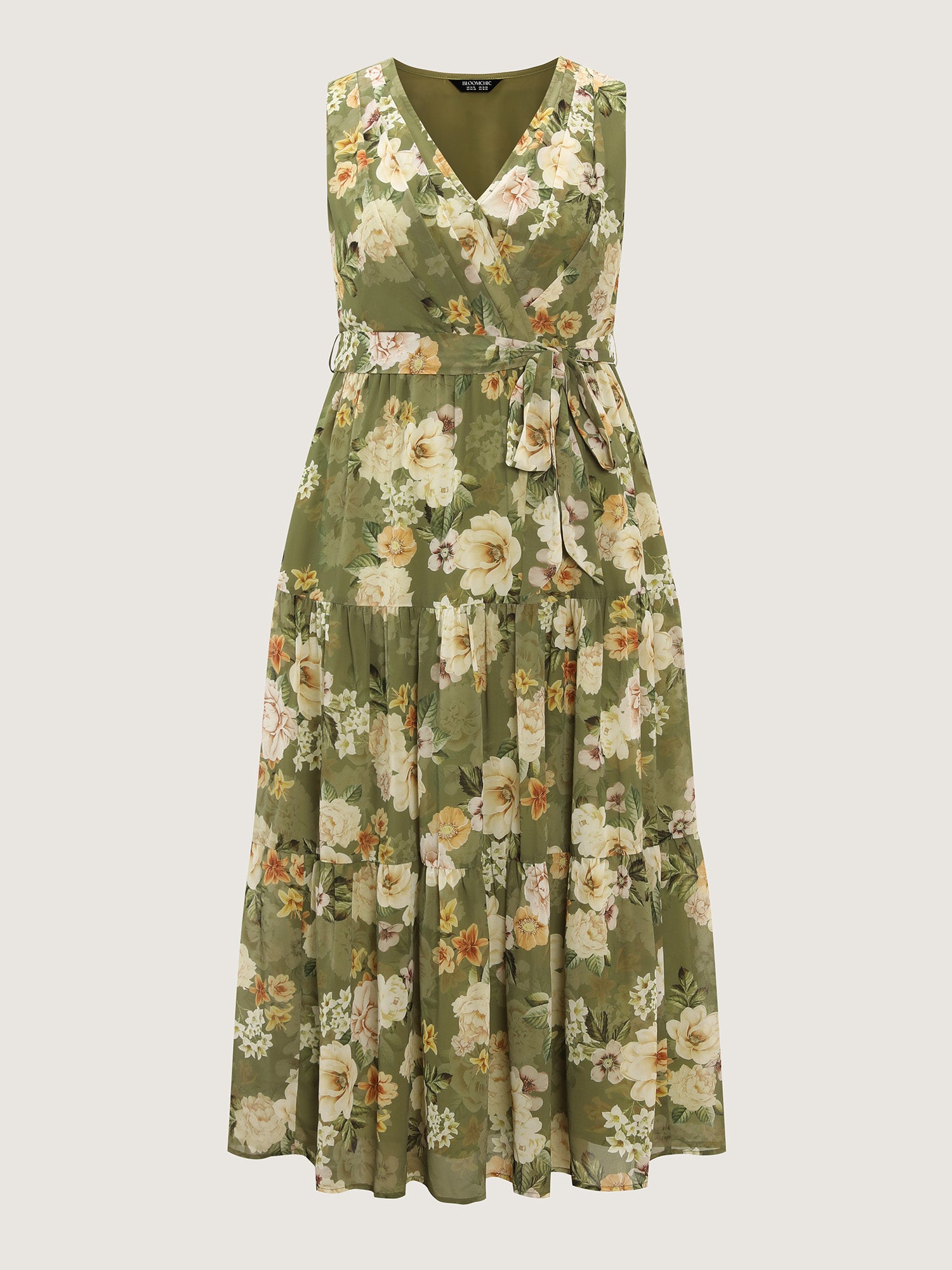 Large Floral Print Waist-Tie Tiered Maxi Dress