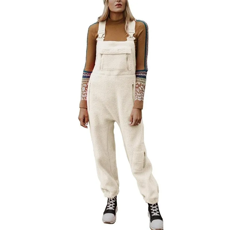 Women's Fleece Warm Overalls Winter Loose Casual Jumpsuits with Pockets