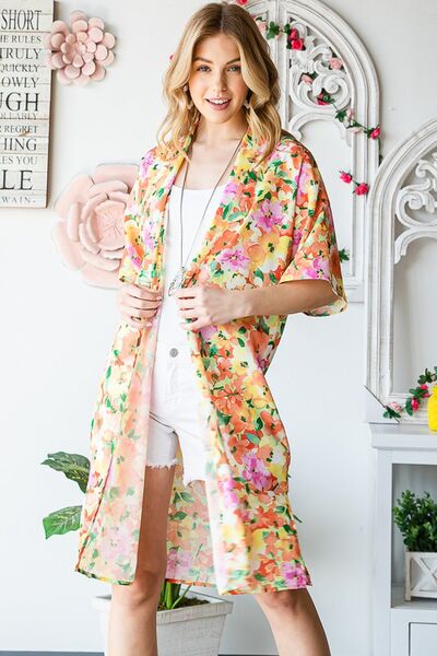 Full Size Half Sleeve Multi Color Floral Open Cardigan