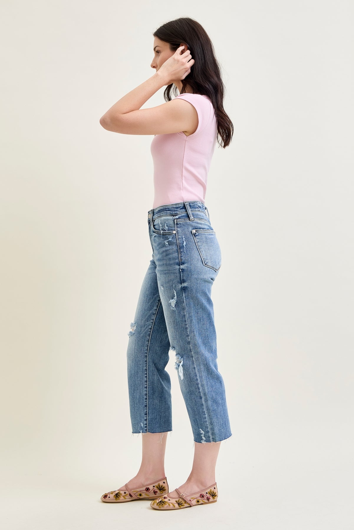 Celeste High Rise With Distressed Crop Wide Leg
