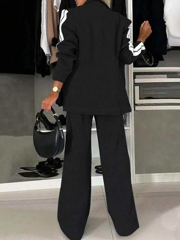 Women's Striped Print Blazer Jacket & Wide Leg Pants Set