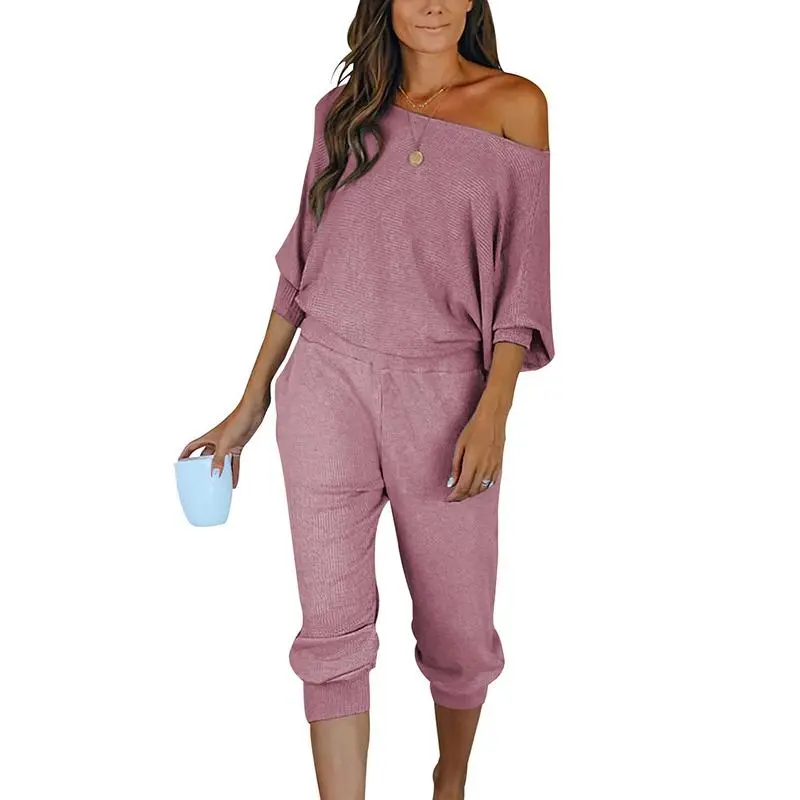 Women's 2-Piece Set Ribbed Knit Off Shoulder Tops Lounge Pants Tracksuit