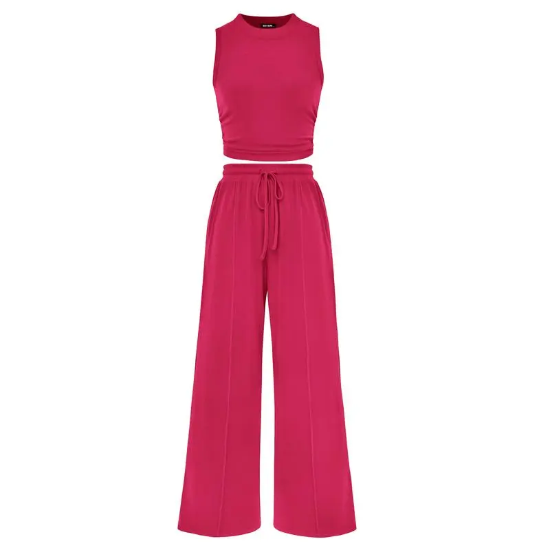 Women's Summer 2-Piece Outfits - Ribbed Knit Crew Neck Sleeveless Cropped Top & Wide Leg Pants Lounge Set