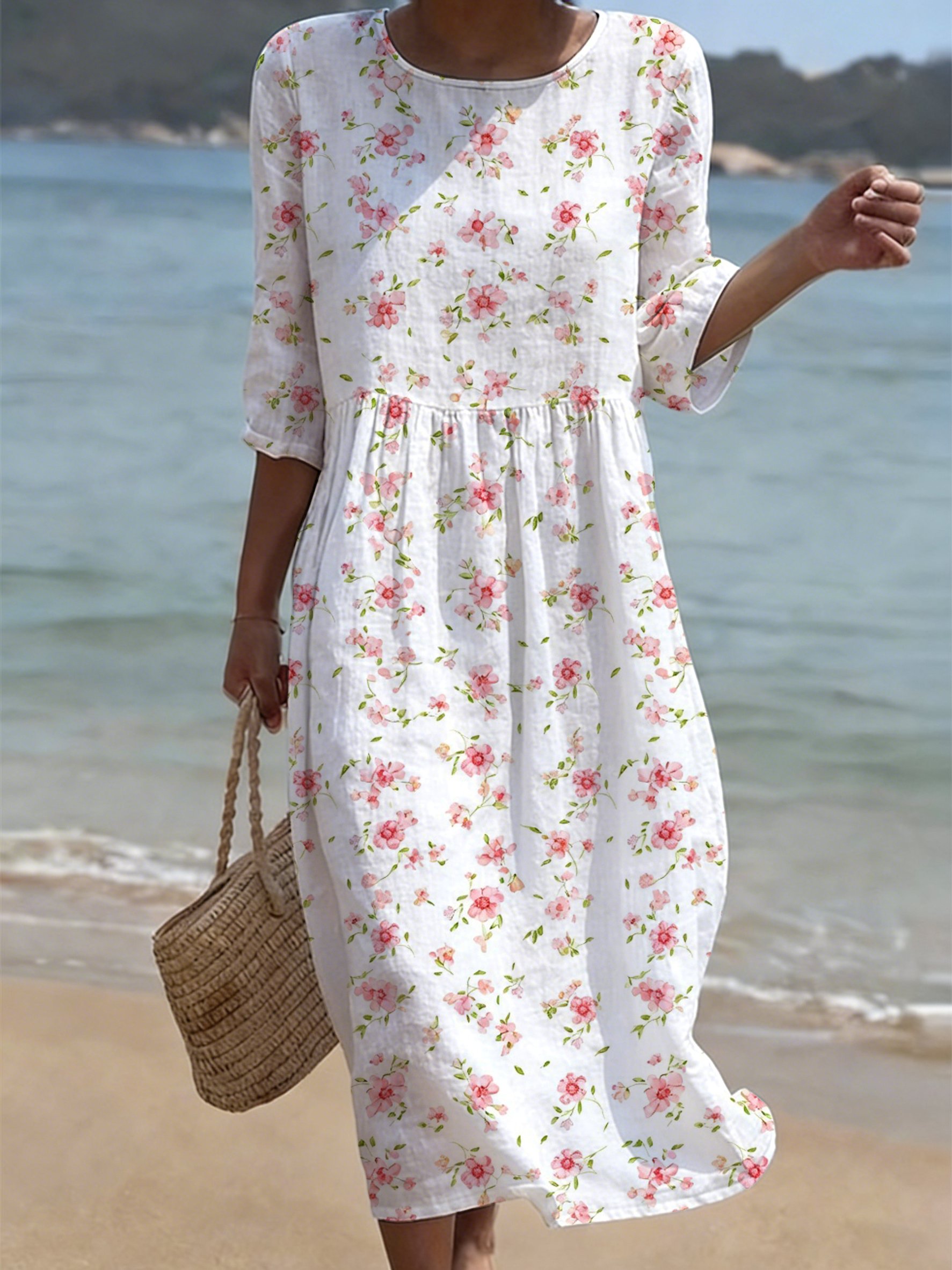 Women's Casual Solid Color Round Neck Mid-Sleeve Floral Print Cotton Linen Dress- Fast Shipping