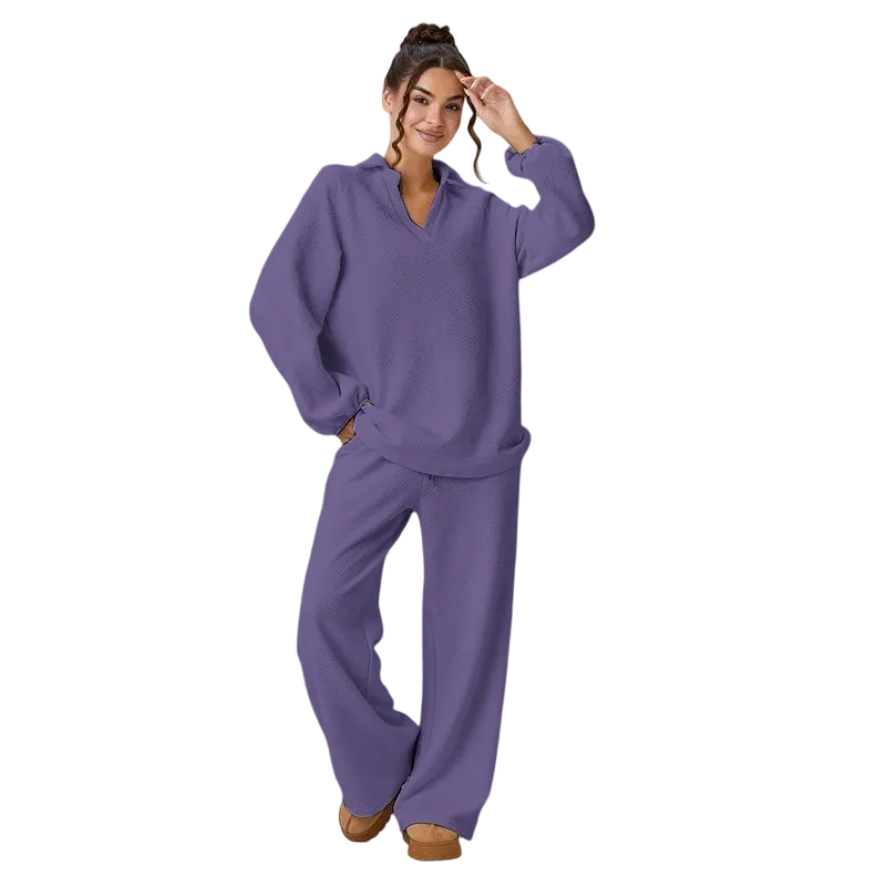 Women's loose-fitting V-neck textured pullover and drawstring waist pants set