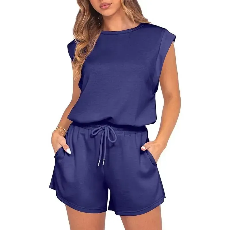 Women 2026 Summer Cap Sleeve Adjustable Drawstring Waistband Cozy Lounge Short Jumpsuit With Pocket
