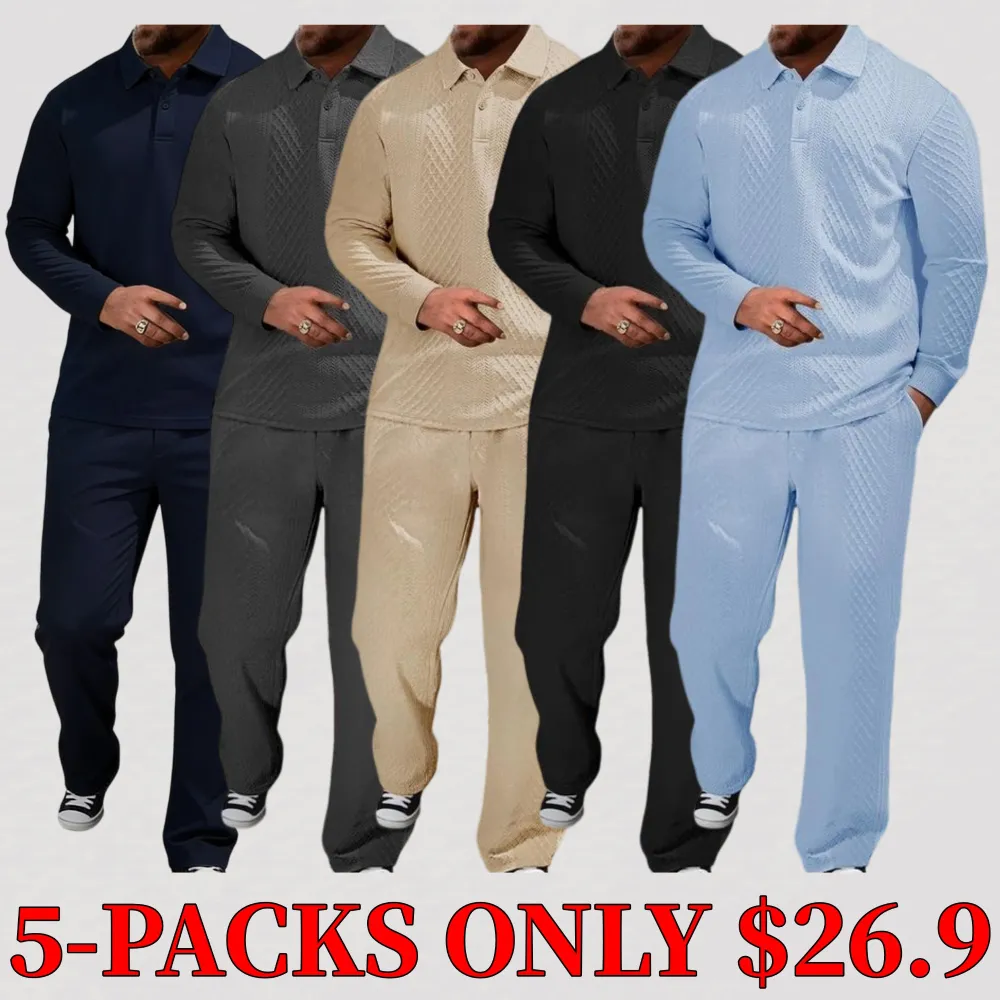 Men's textured long-sleeved polo shirt and drawstring trousers set