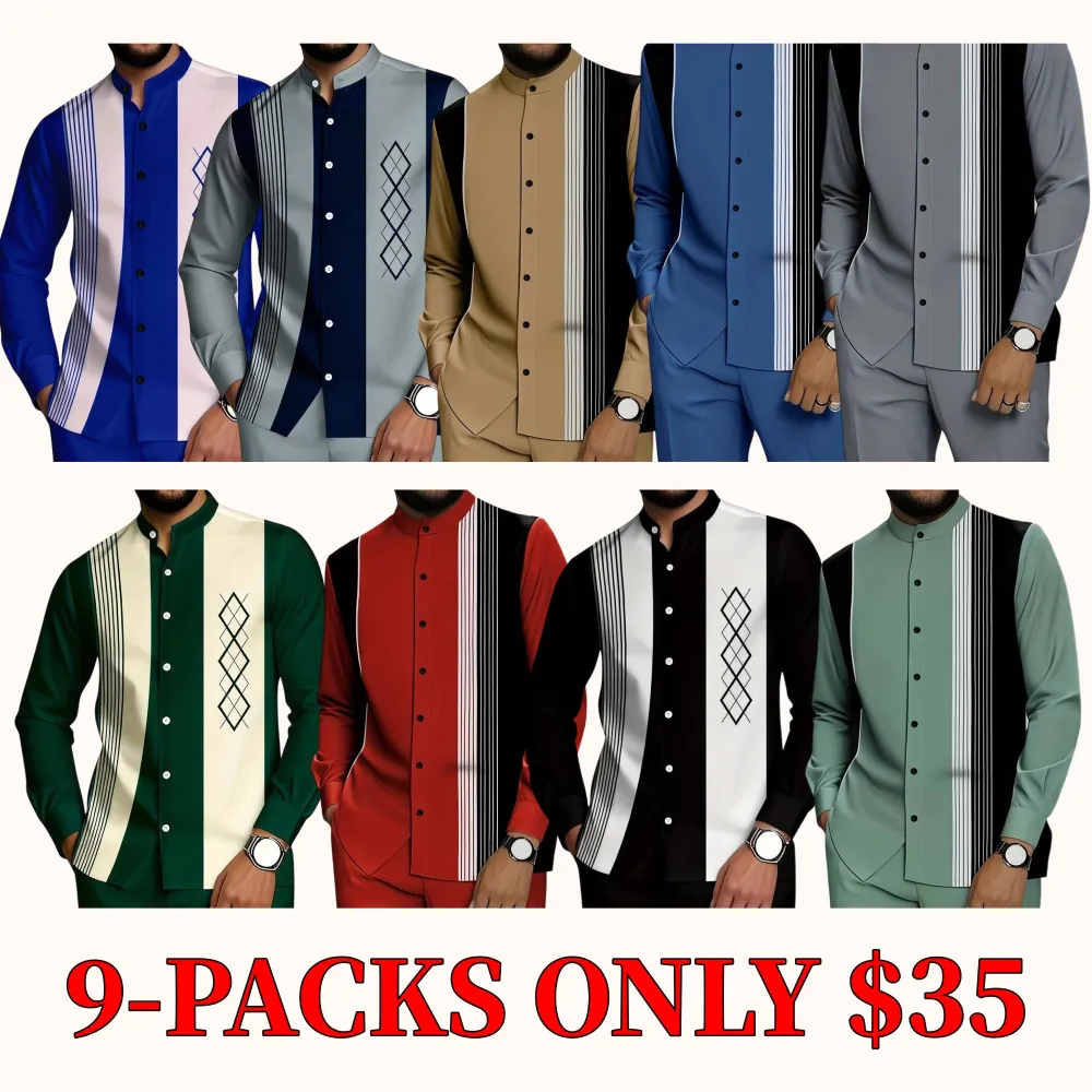 Men's two-piece set, including a black and white vertical striped button-down shirt and a pair of drawstring waist casual pants