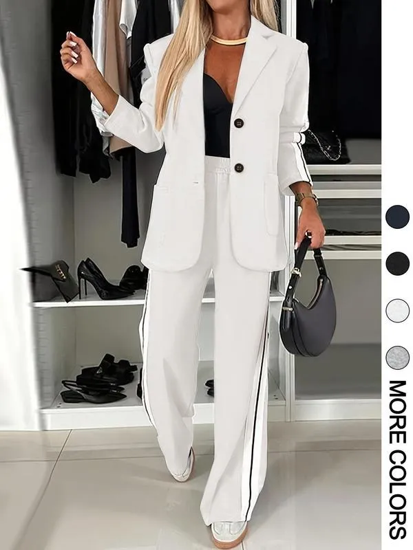 Women's Striped Print Blazer Jacket & Wide Leg Pants Set