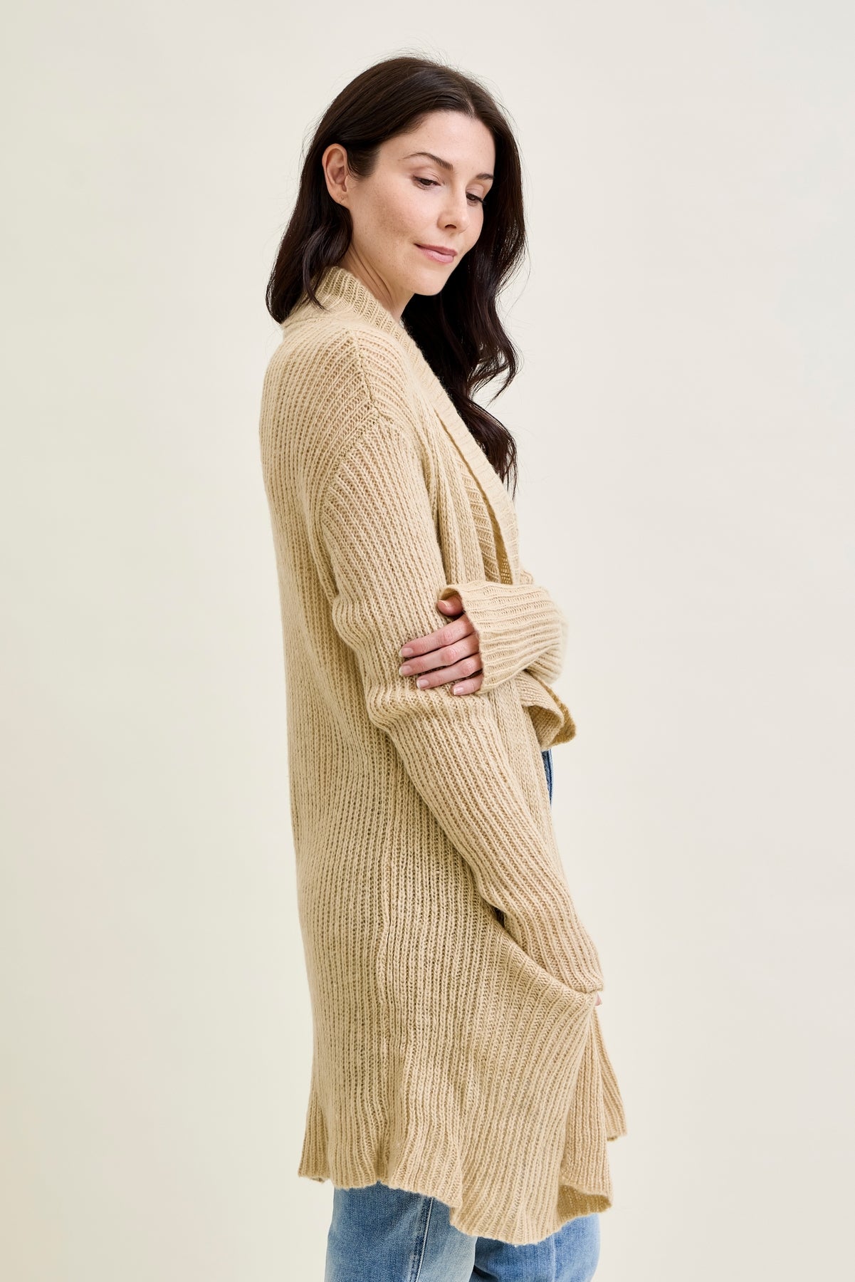 Drape Front Cardigan Beige Sweater