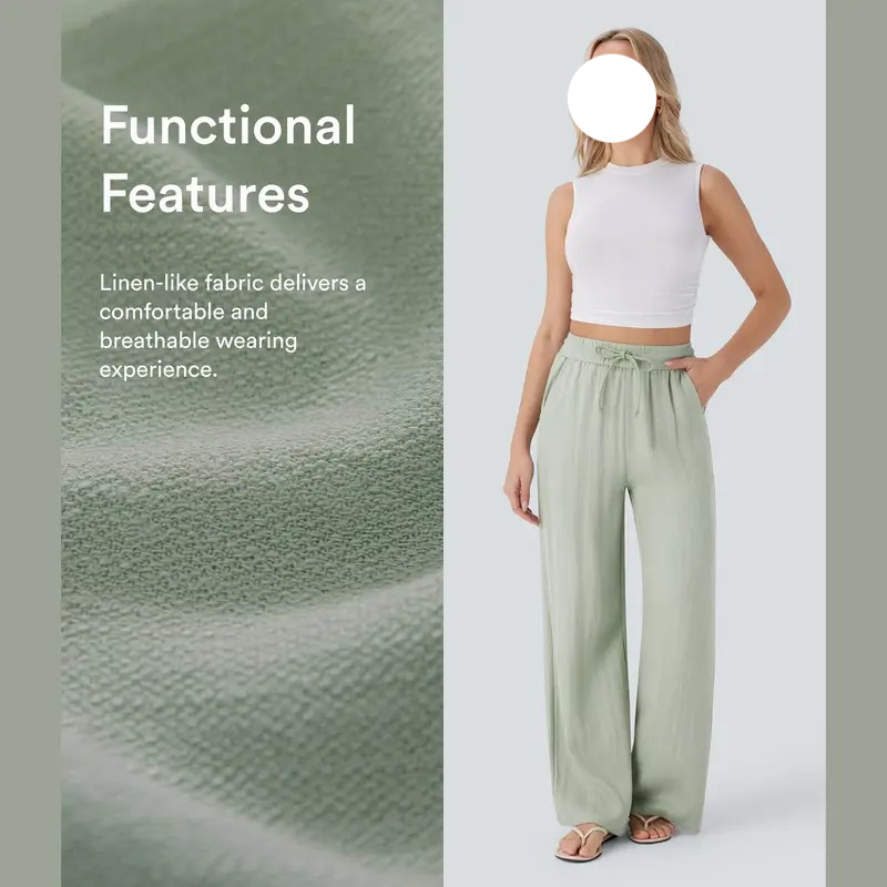 Women's High Waisted Wide Leg Pants – Linen-Feel Casual Drawstring with Pockets