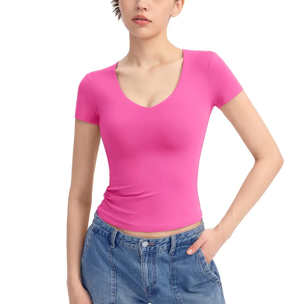 V-Neck Short Sleeve Basic Women's Slimming Fit Top