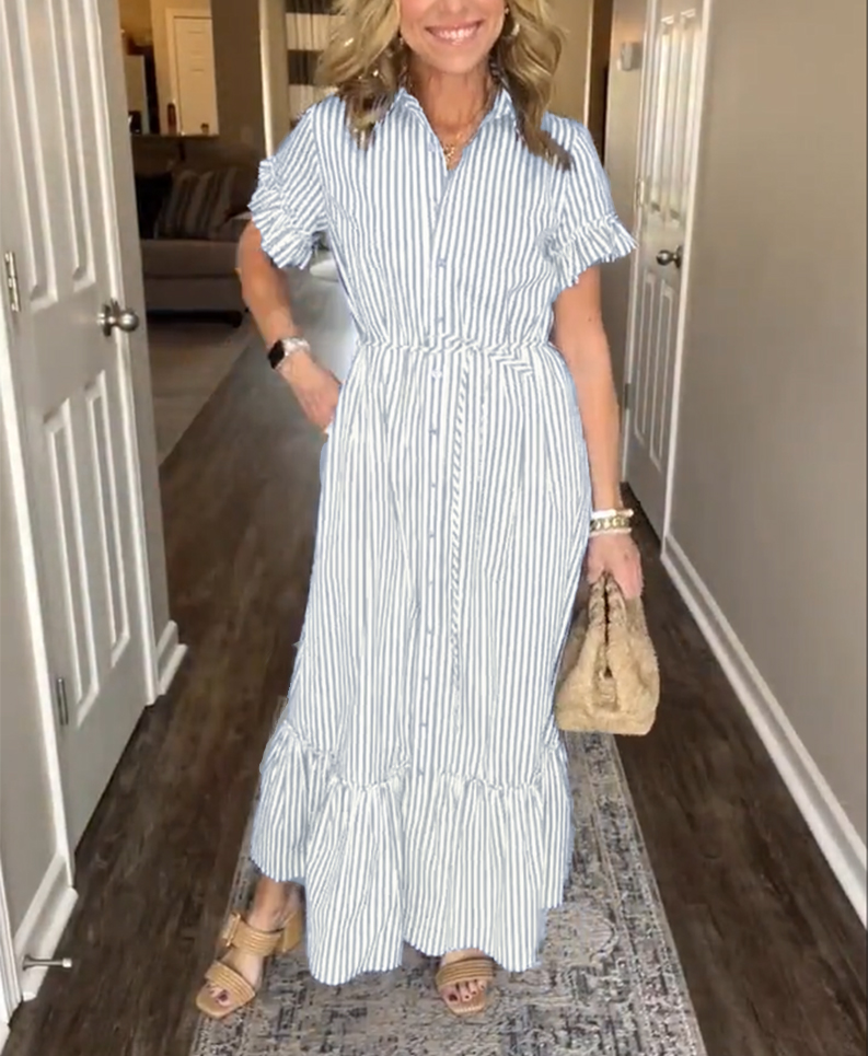 NEW🔥Striped Cotton Lapel Button Shirt Dress(Buy 2 Free Shipping)