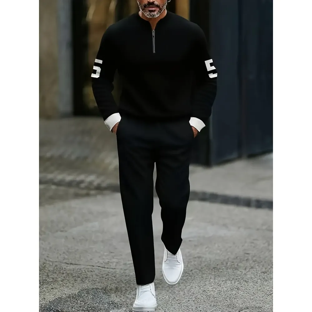 Fashion Stand up Collar Half Zipper Geometric Casual Simple Men's Set