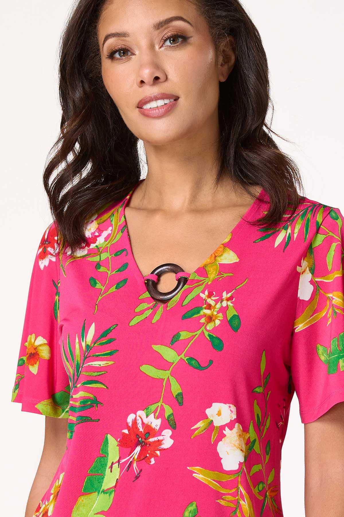 Tropical Wood Ring V- Neck Top
