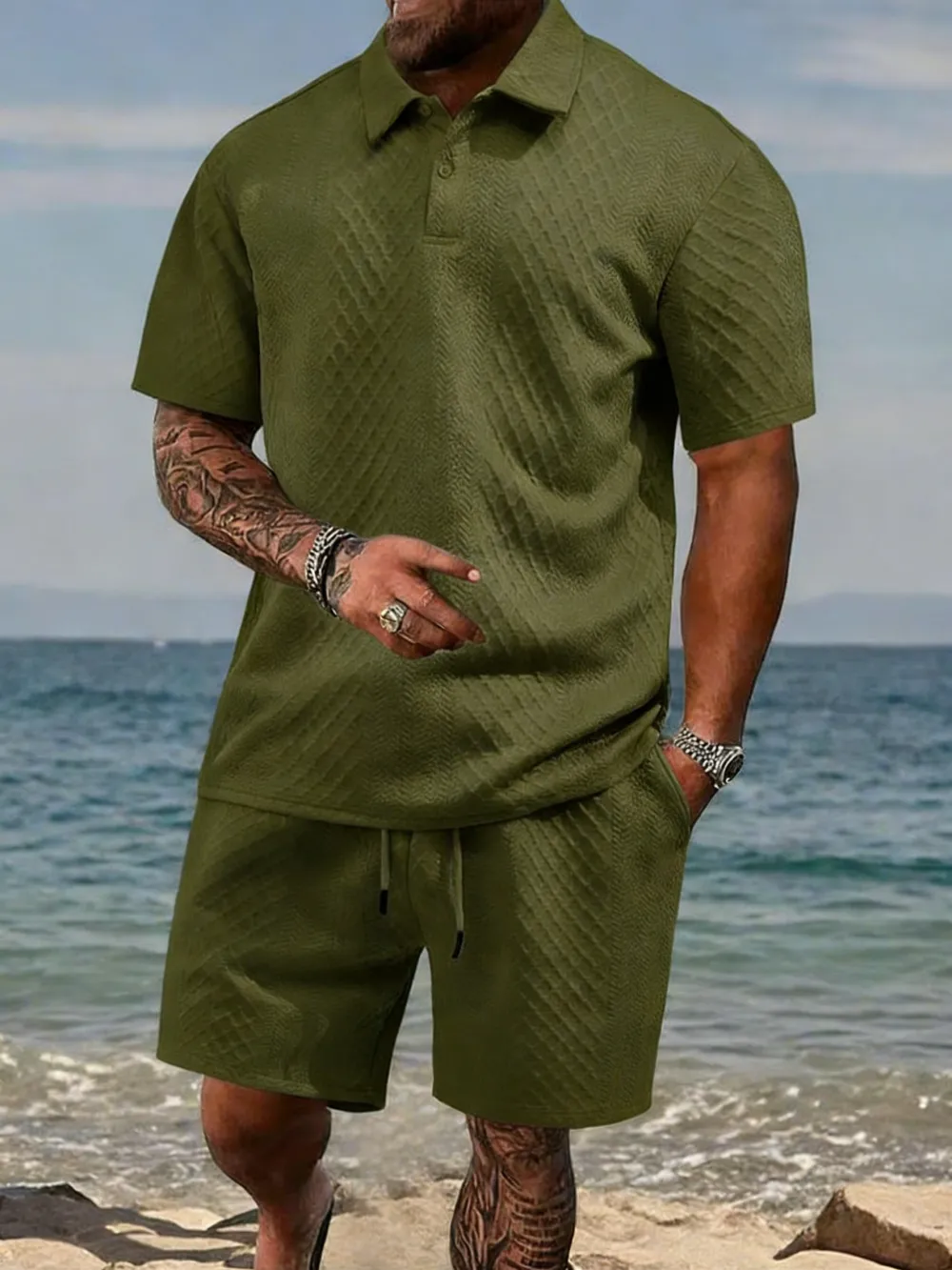 🔥 8-Set Men's Textured Polo & Shorts Sets – Casual Summer Two-Piece Outfits