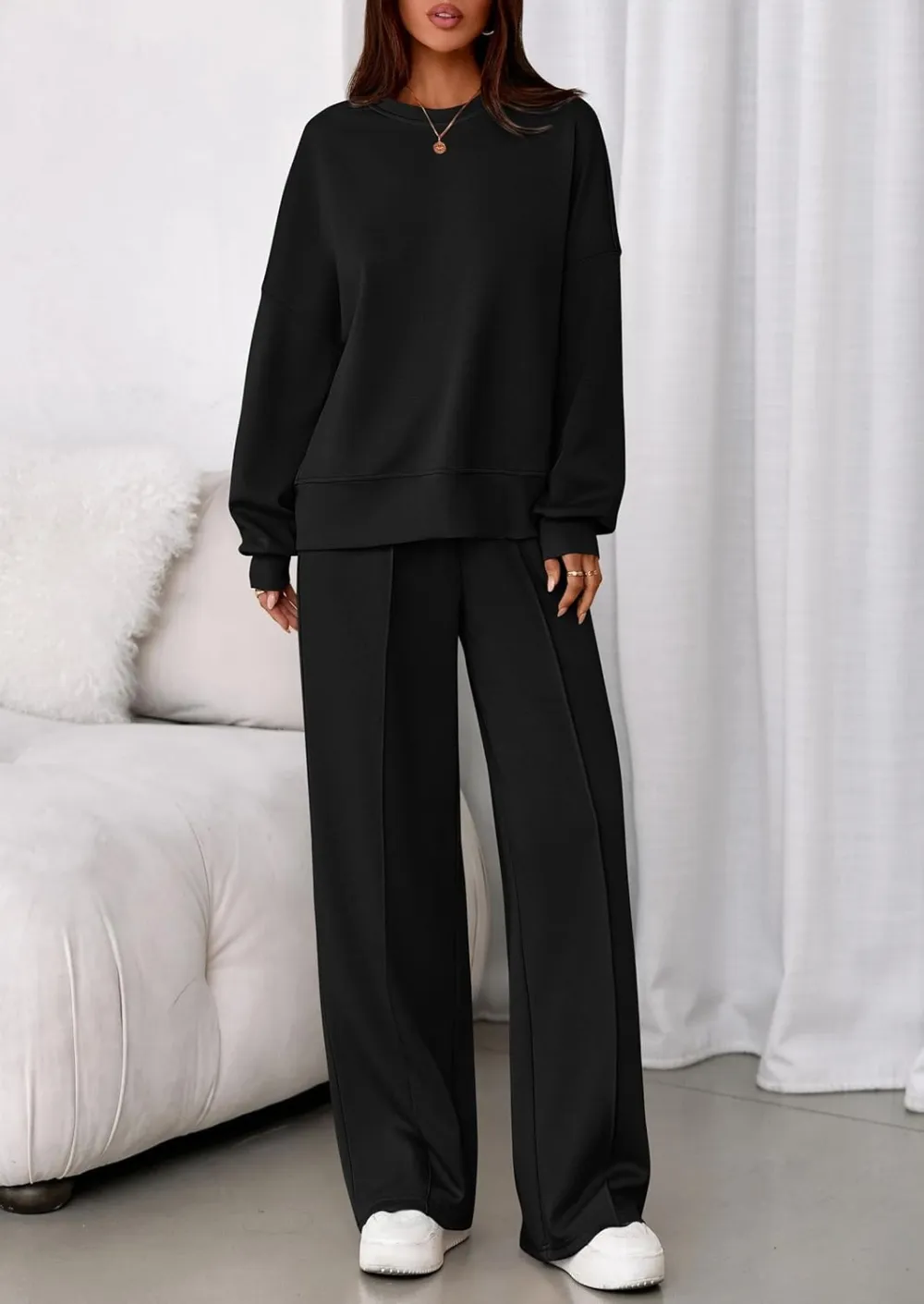 2 Piece Sets For Women Fall Trendy Long Sleeve Sweatshirt Wide Leg Pants Loungewear Set