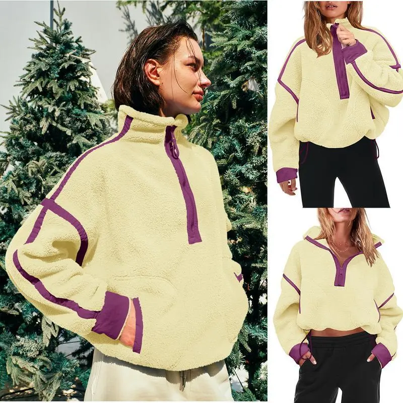 Women's Half Zip Sherpa Fleece Color Block Pullover Soft Oversized Sweatshirt