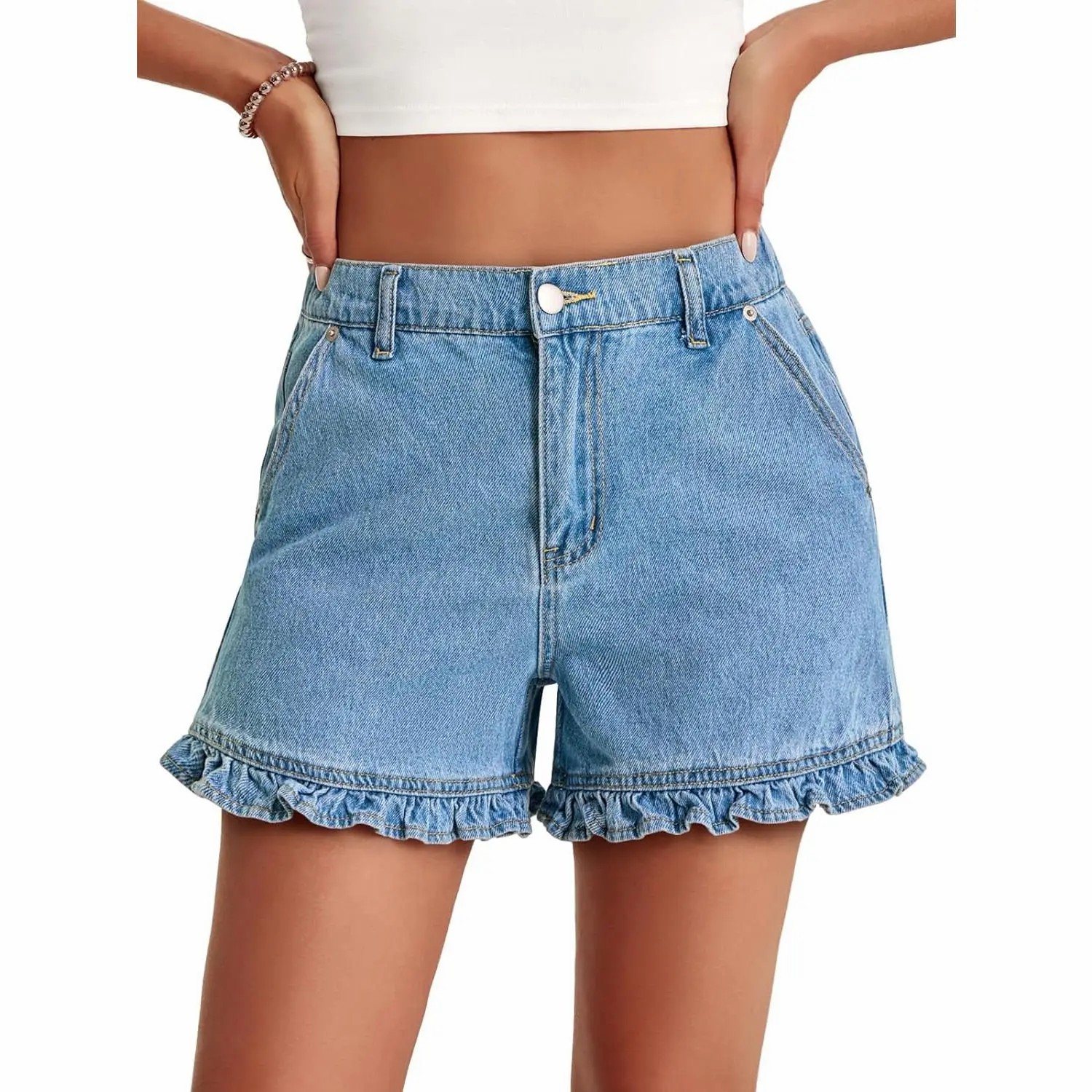 Women's High Waisted Ruffle Denim Shorts – Cute Cotton Summer Jeans with Pockets
