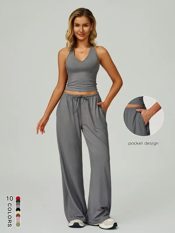 Women's Solid Crop Tank Top & Wide Leg Pants Set