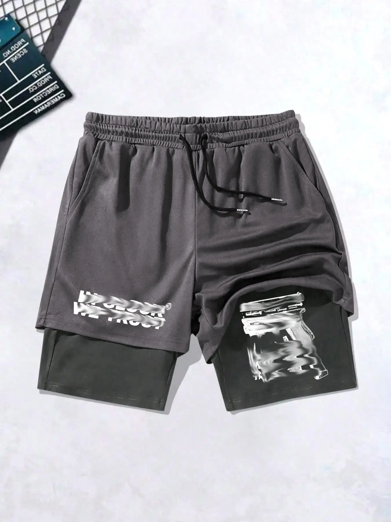 Men's Regular Fit Letter & Gun Print 2 in 1 Drawstring Waist Shorts, Casual Pocket Track Shorts for Summer