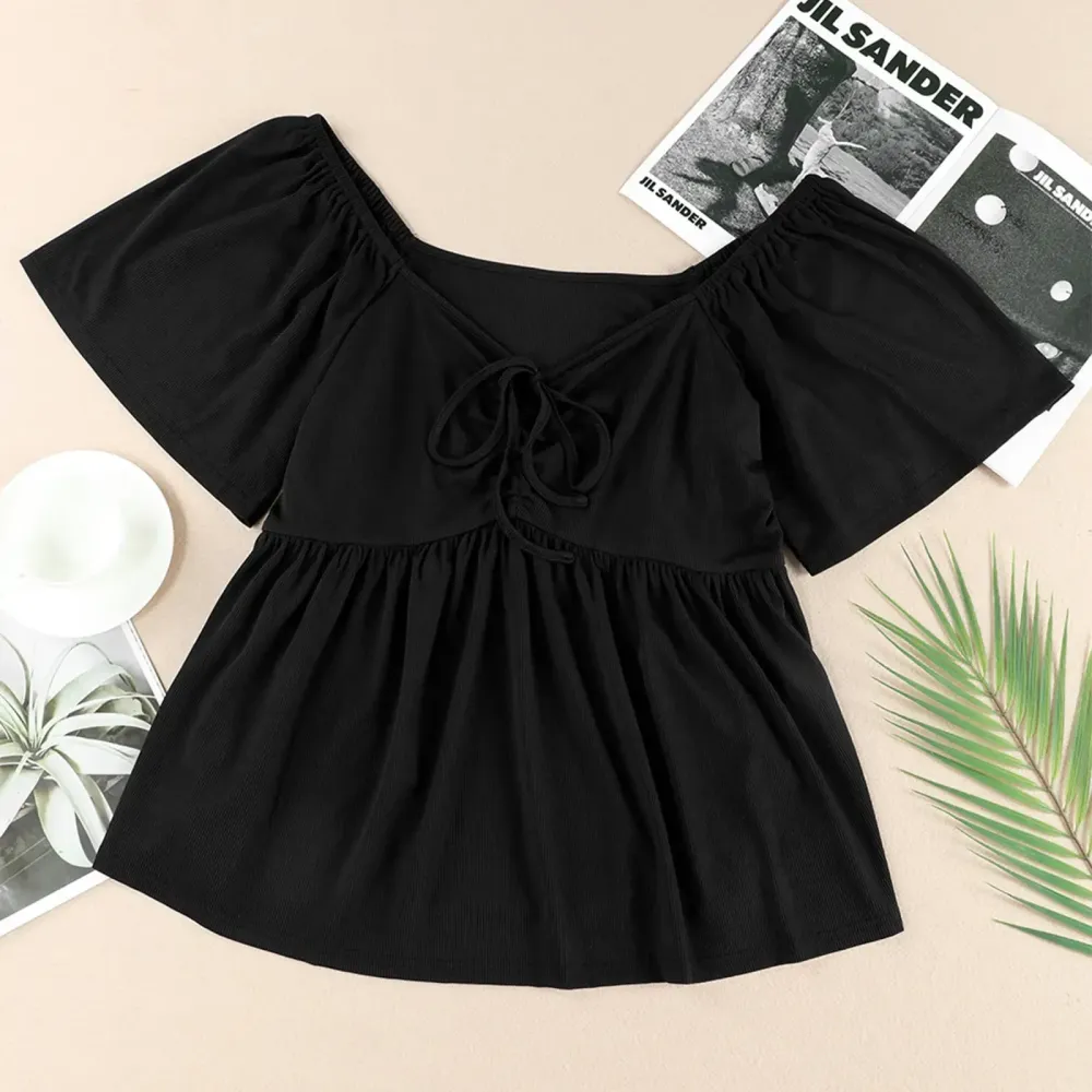 Women Plus Size Sweetheart Neck Short Sleeve Shirred Peplum Blouse Tops Shirts