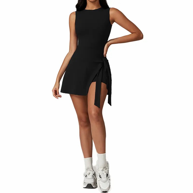 Women's Sleeveless Tennis Dress – High Stretch Knit with Built-in Shorts & Side Ruffle