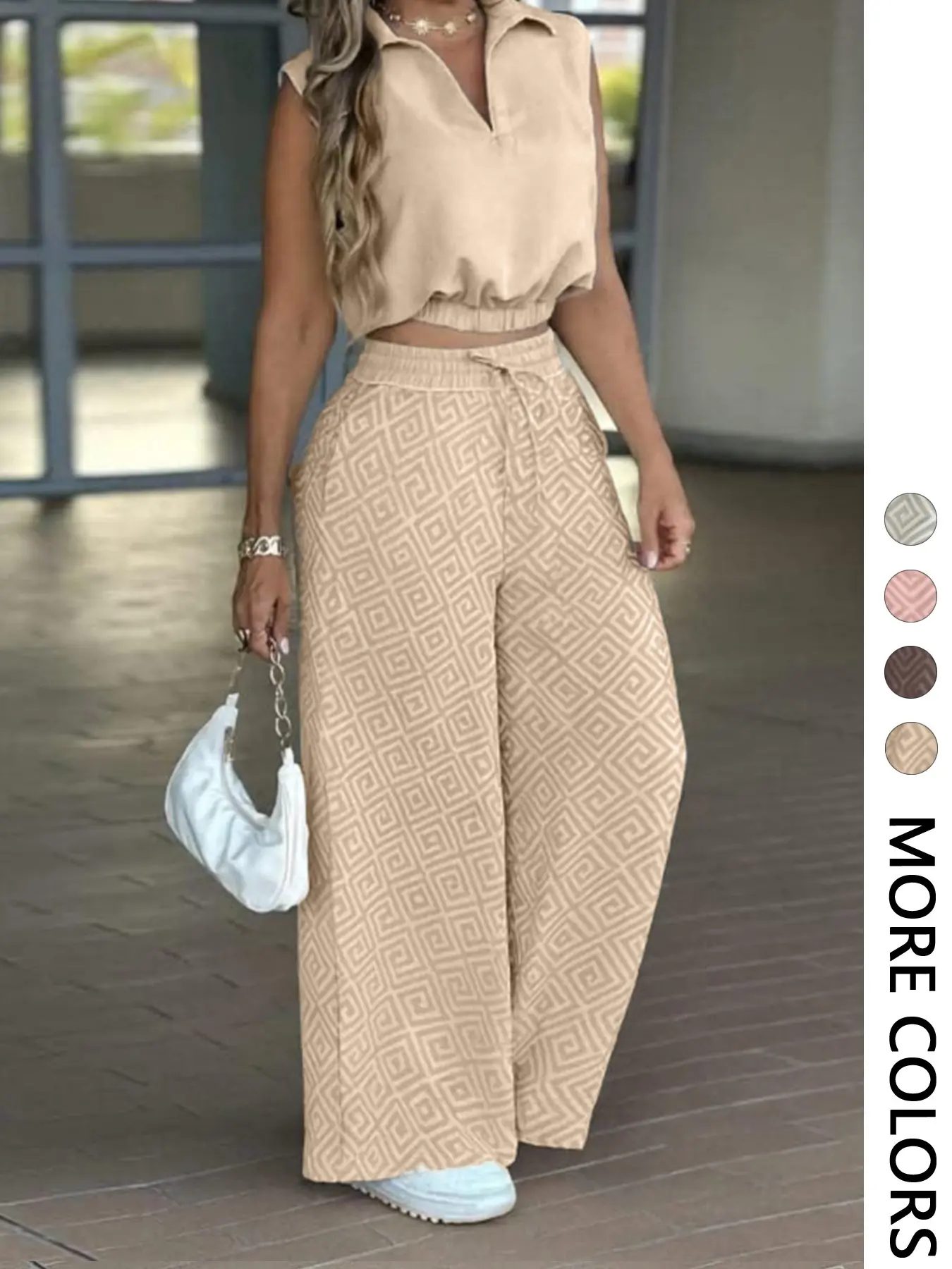 Women's Casual Commuter Set, Sleeveless Collared Waist-Defined Crop Top with High-Waisted Drawstring Wide-Leg Pants