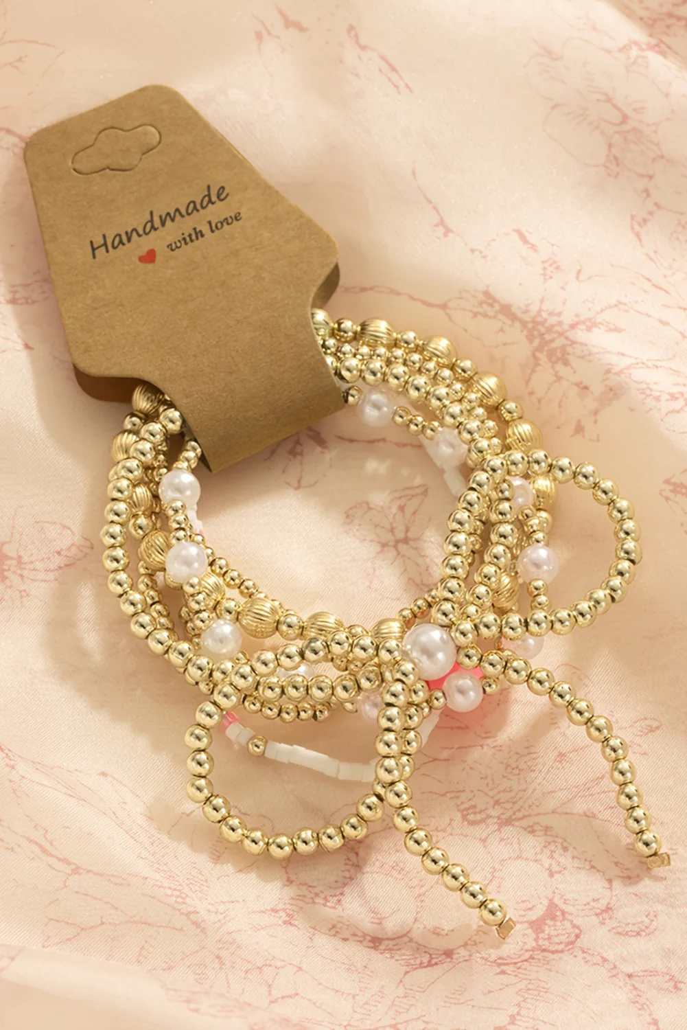 Gold Bow Knot Pearl Decor Beaded Plated Layered Bracelet