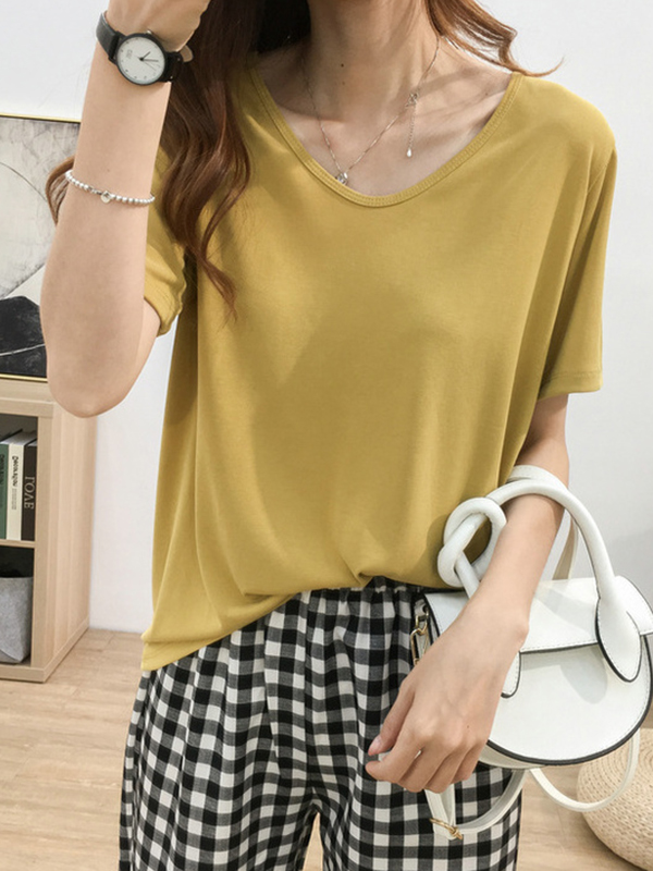 Solid Color Loose Short Sleeves U-Neck T-Shirts Tops