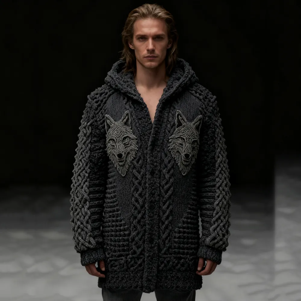 Men's Viking Style Celtic Knot Wolf Head Mid-length Cardigan Sweater