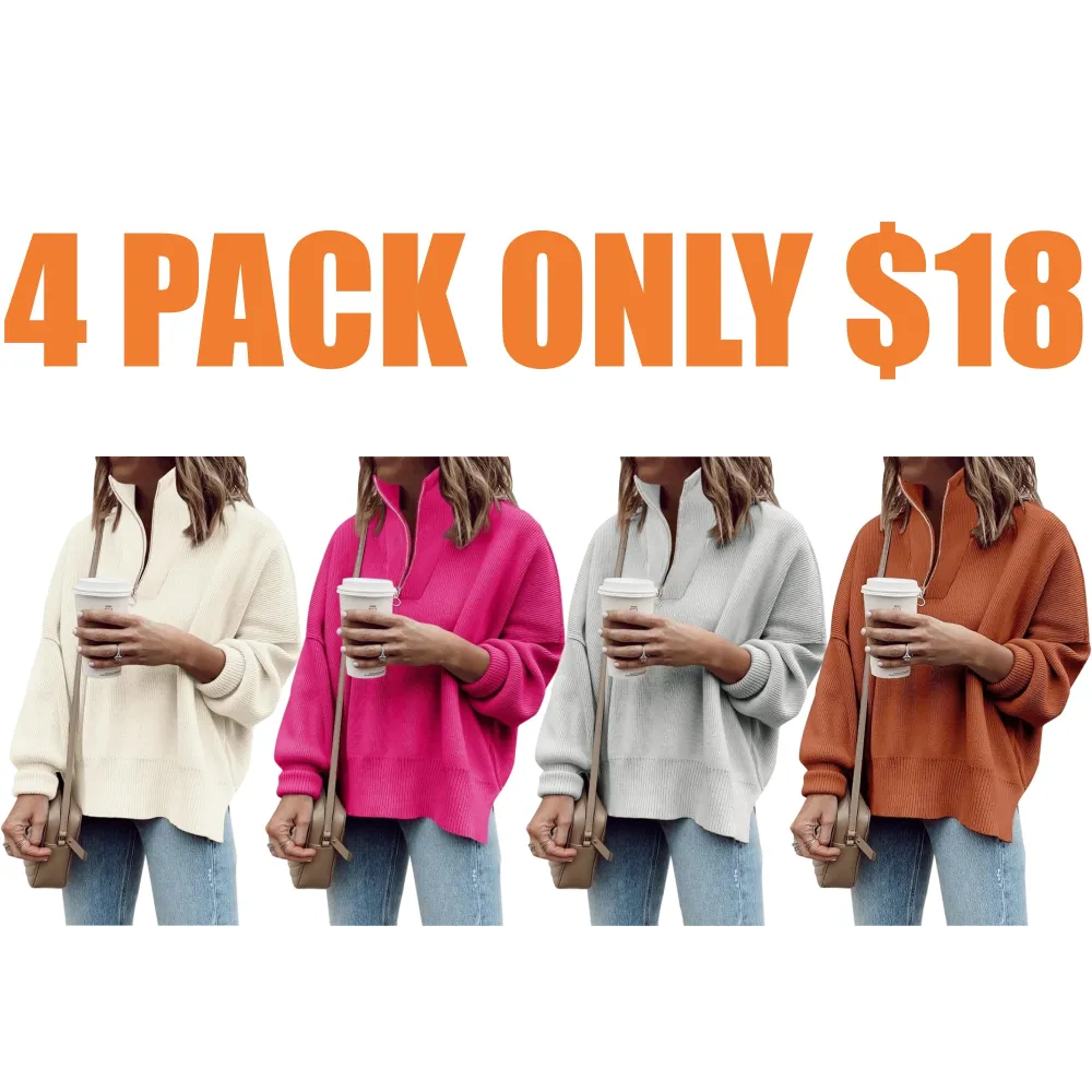 Women's Long Sleeve 14 Zip Oversized Ribbed Knit Tunic Sweater