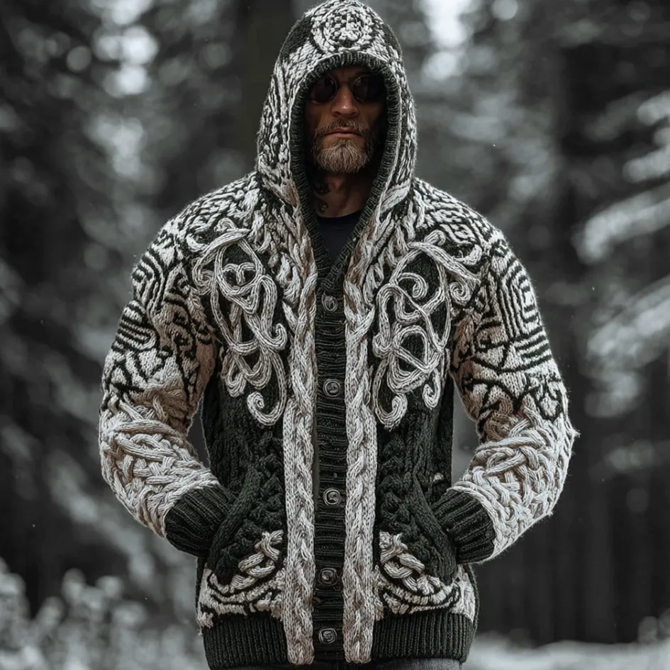 Viking Style Winter Men's Warm Hooded Knit Sweater Jacket