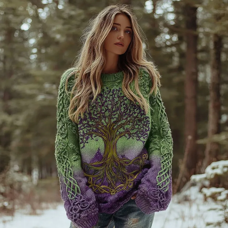 Women's Vintage Viking Tree Of Life Gradient Art Crew Neck Sweater