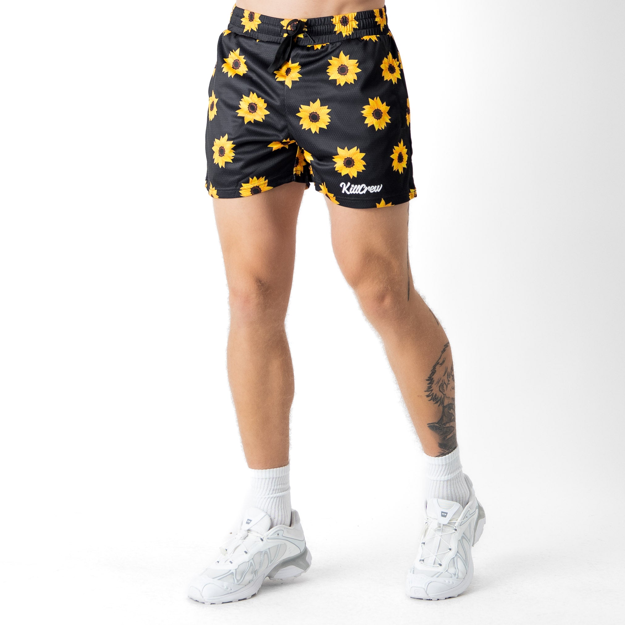 MUAY THAI SHORTS (MID THIGH CUT) SUNFLOWER - BLACK