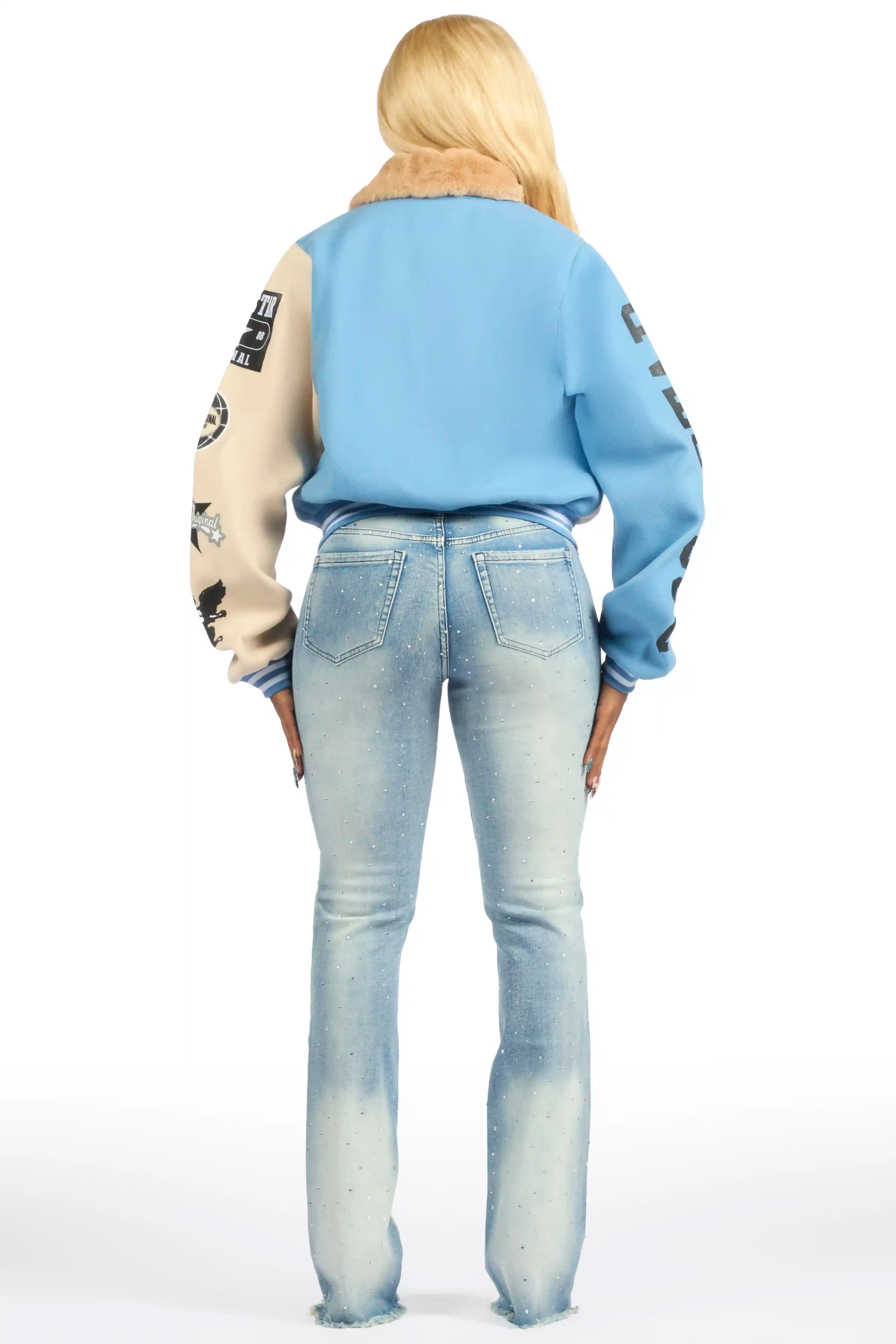 Kisha Blue/Tan Fur Collar Varsity Jacket