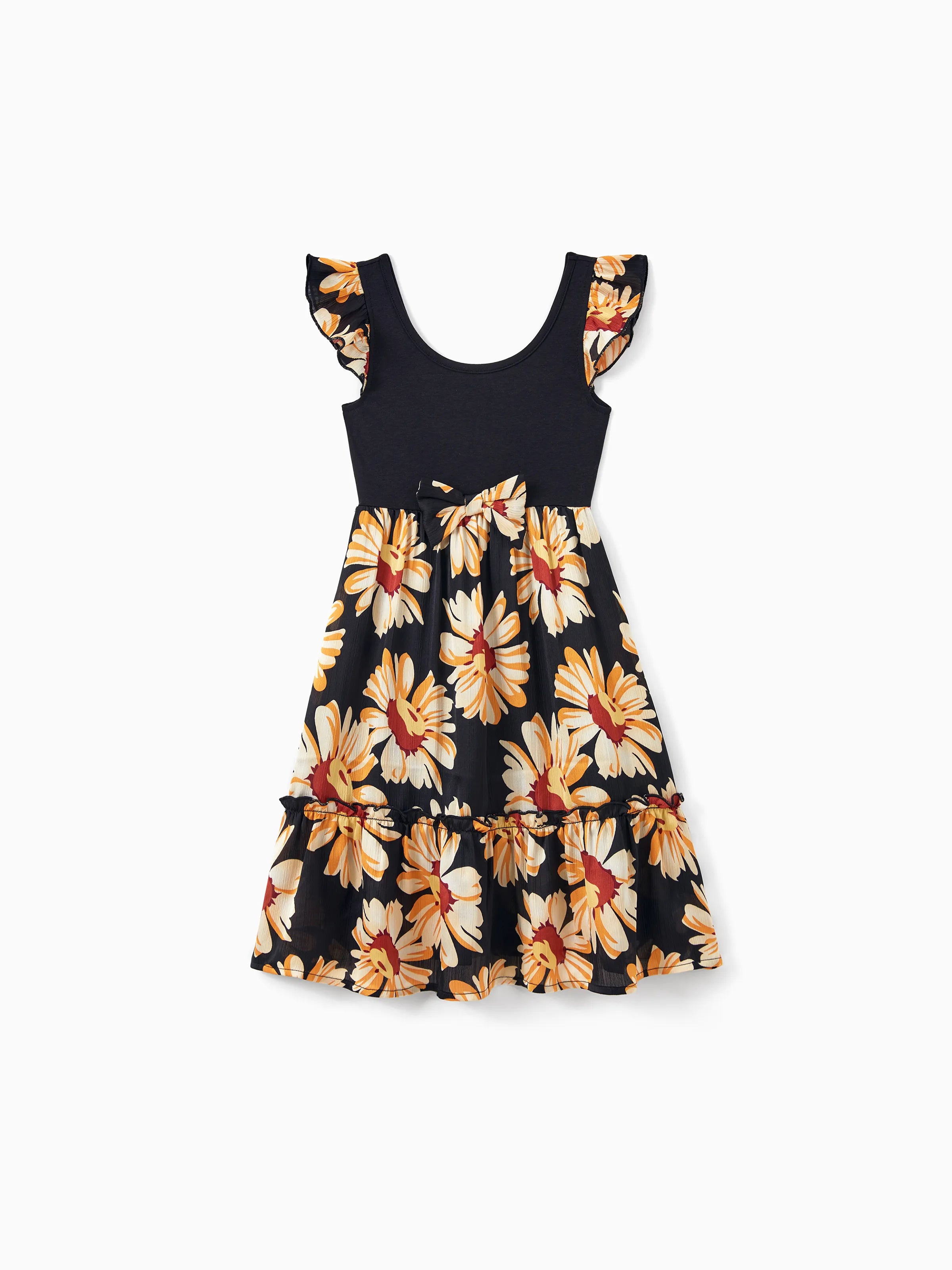Family Matching Set Floral Sleeveless Strappy Dress or Colorblock Short-sleeve T-shirt  Black