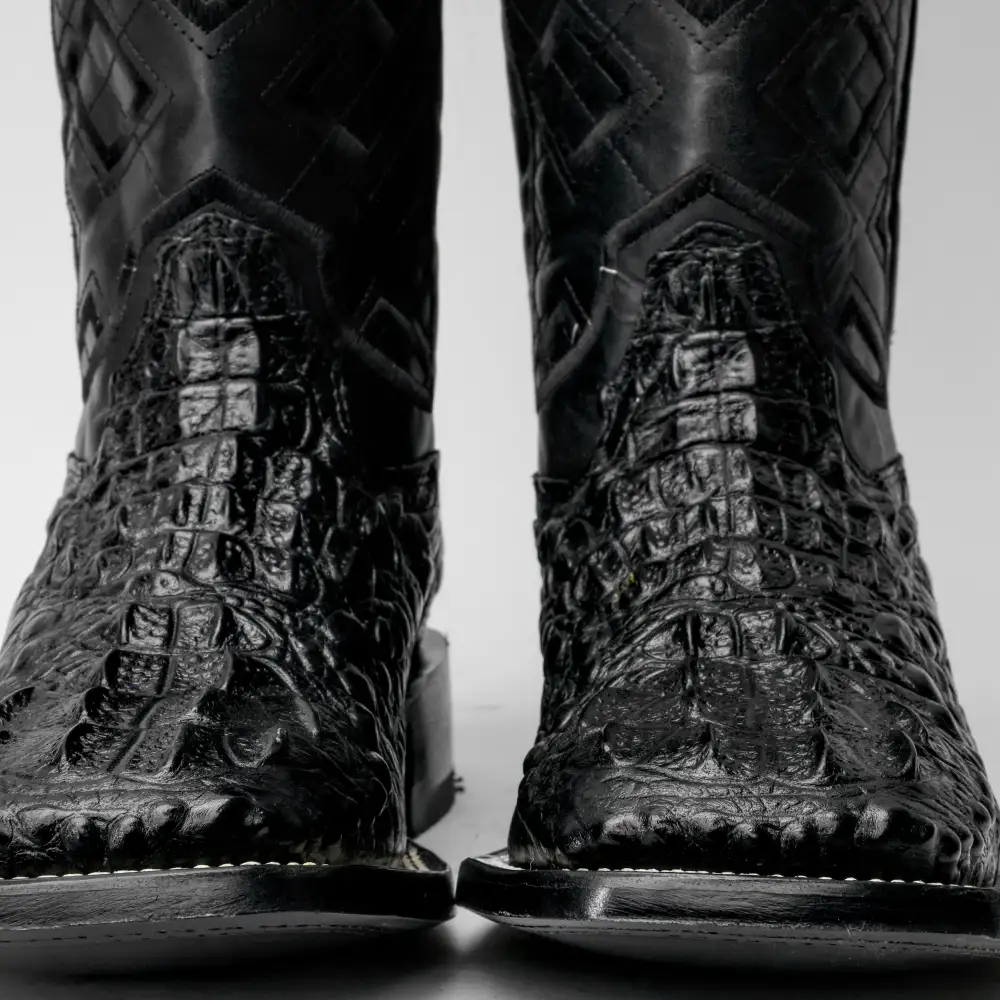Black Caiman Neck Leather Boots - Square Toe