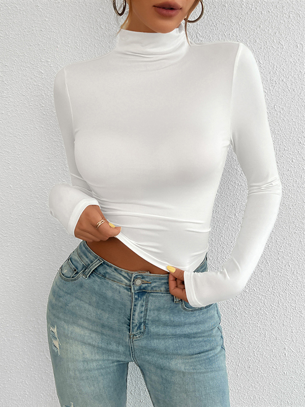 Solid Color Long Sleeves Skinny High Neck T-Shirts Tops