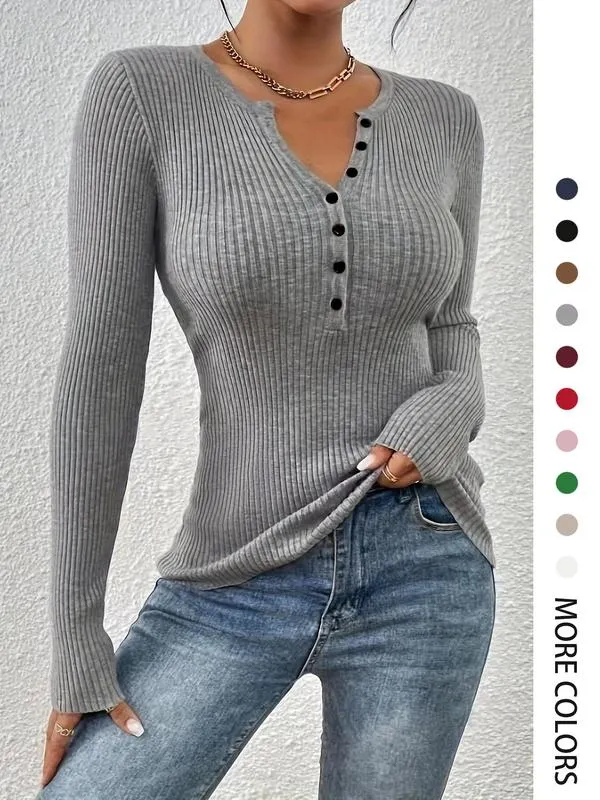 Women'S Plain Button Front Ribbed Sweater Tops