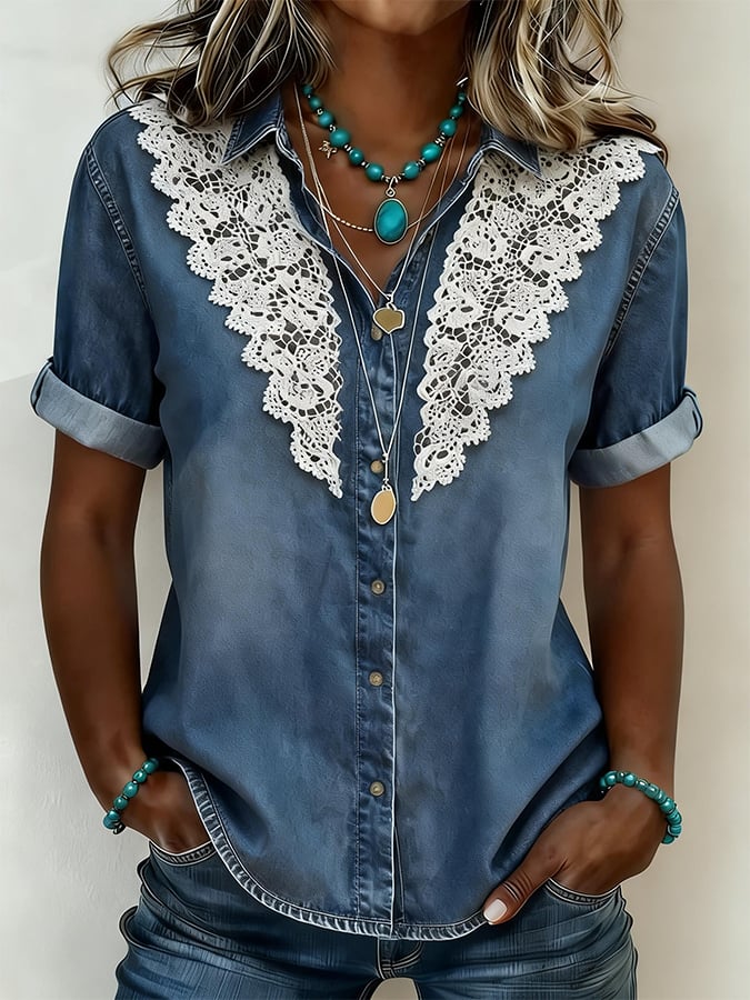 Women's Casual Collared Denim Shirt with Lace Trim