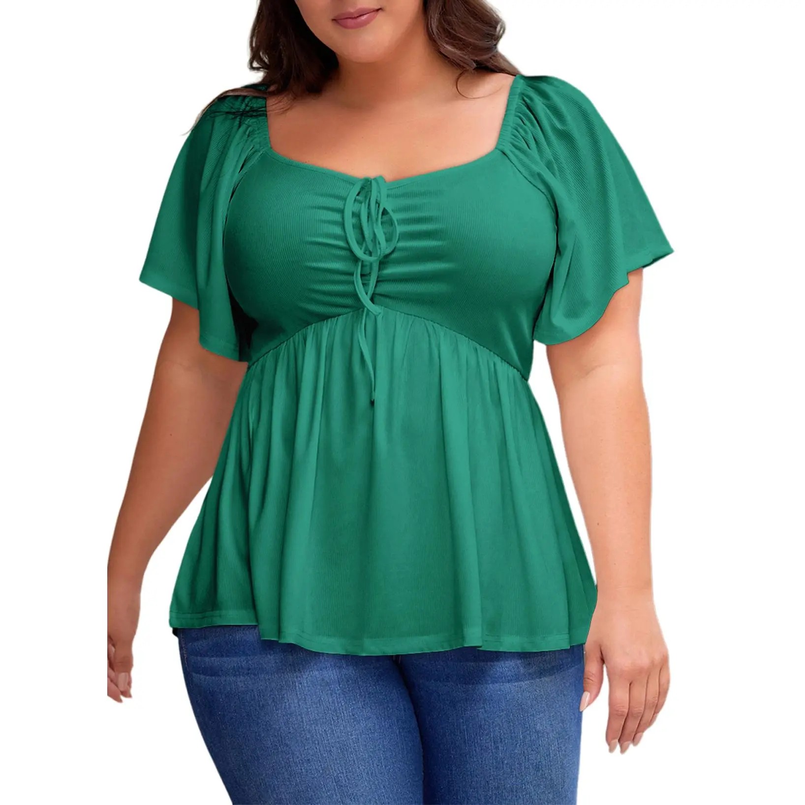 ⏰8 PACKS Women's Plus Size Sweetheart Neck Short Sleeve Shirred Peplum Blouse Tops Shirts(1X-5X)
