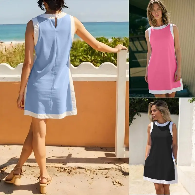 Women's 2-Piece Sets Color Block Crewneck Sleeveless Top + Skirt & Shorts w/ Pockets